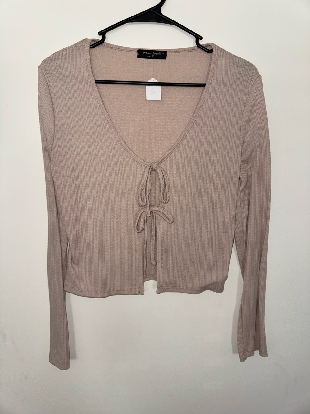Urban Episode Dusty Taupe Tie-Front Ribbed Long Sleeve Top